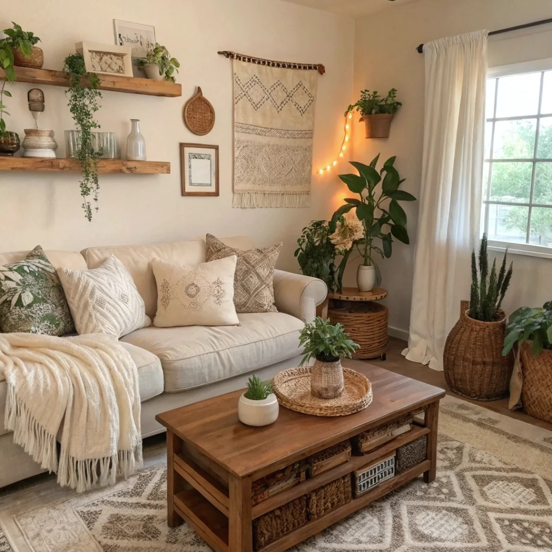 Boho neutral living room with warm natural accents