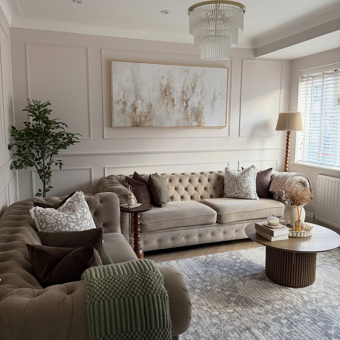 Elegant panelled neutral living room interior design Chennai