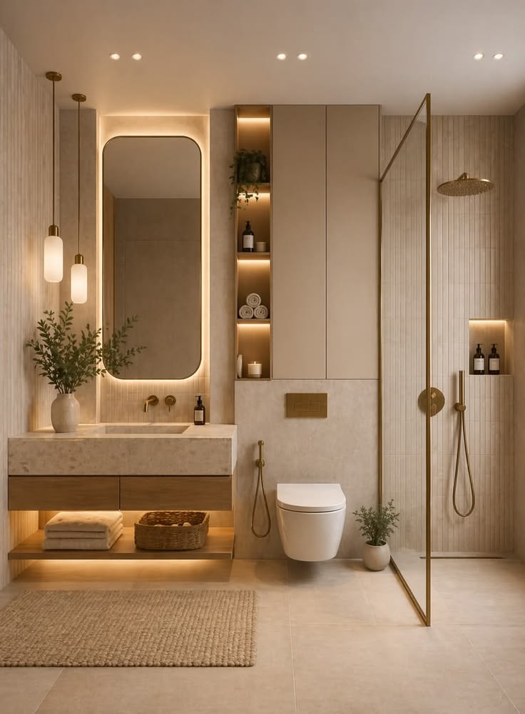 Beige &amp; Gold Walk-In Shower Bathroom — interior design idea, Homeli Chennai