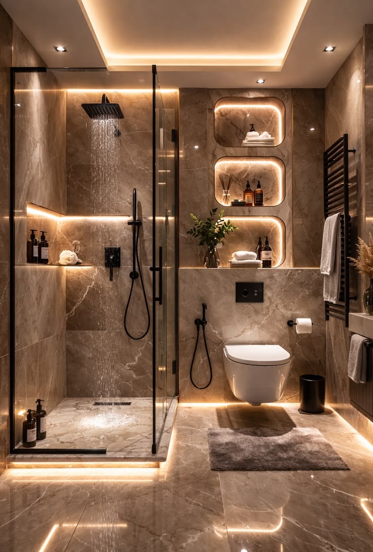 Dark-Tone Bathroom with Rain Shower — interior design idea, Homeli Chennai