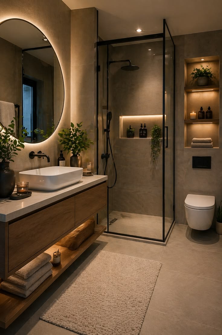 Earthy Bathroom with Oval Mirror — interior design idea, Homeli Chennai