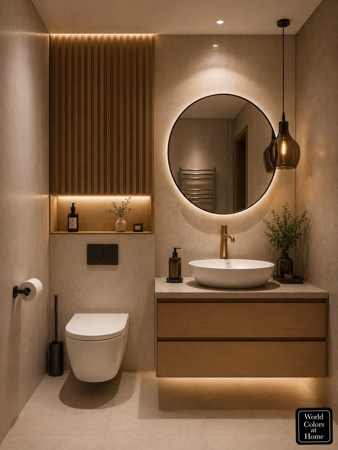 Modern Bathroom with Round Mirror — interior design idea, Homeli Chennai