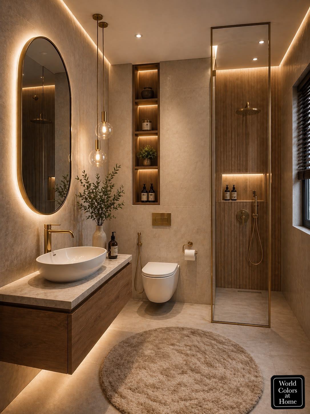 Oval Mirror Bathroom with Gold Pendant — interior design idea, Homeli Chennai