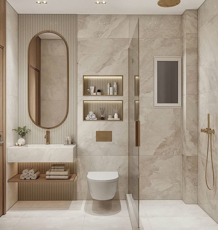 Gold-Accent Bathroom with Oval Mirror — interior design idea, Homeli Chennai