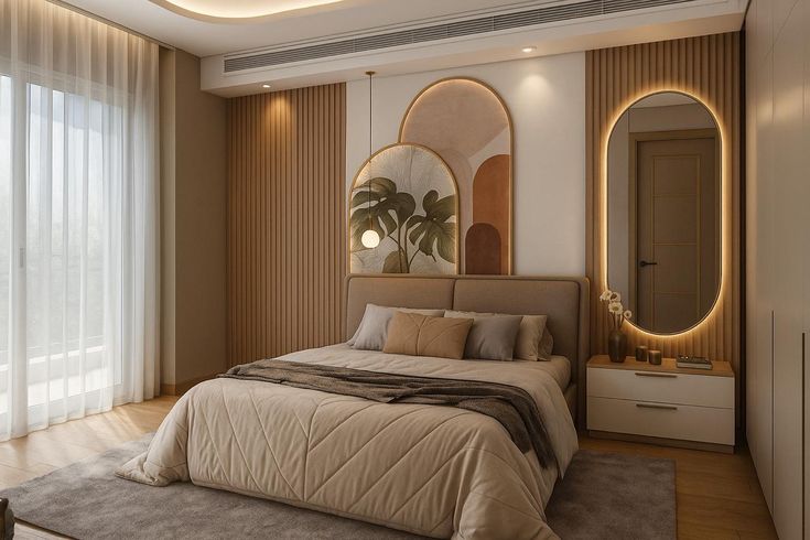 Master Bedroom with Arched Leaf-Mirror Accent — interior design idea, Homeli Chennai