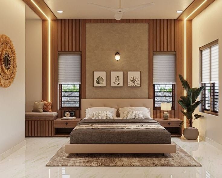 Wood-Slat Cove-Lit Indian Bedroom — interior design idea, Homeli Chennai
