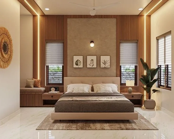 Indian bedroom with wood slat cove ceiling Chennai
