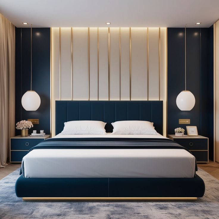 Navy &amp; Gold Luxury Bedroom — interior design idea, Homeli Chennai