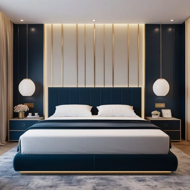 Navy gold bedroom
