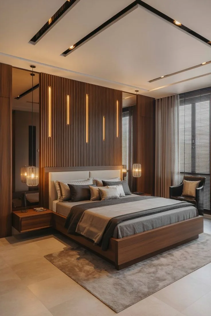 Luxury bedroom with warm wood finish Chennai