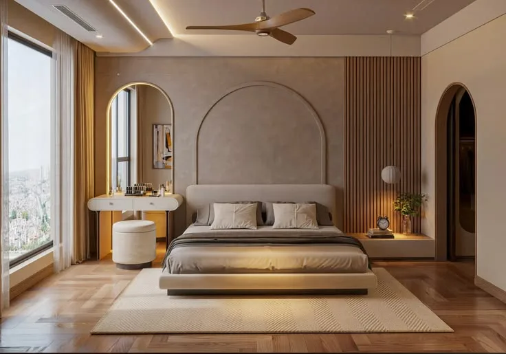 Villa master bedroom with arch dressing area in Chennai by Homeli