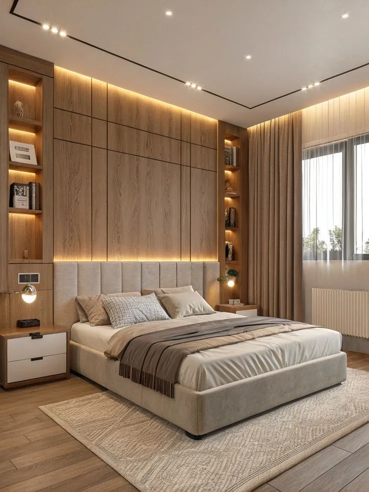 Bedroom wood panel false ceiling with cove lighting Chennai