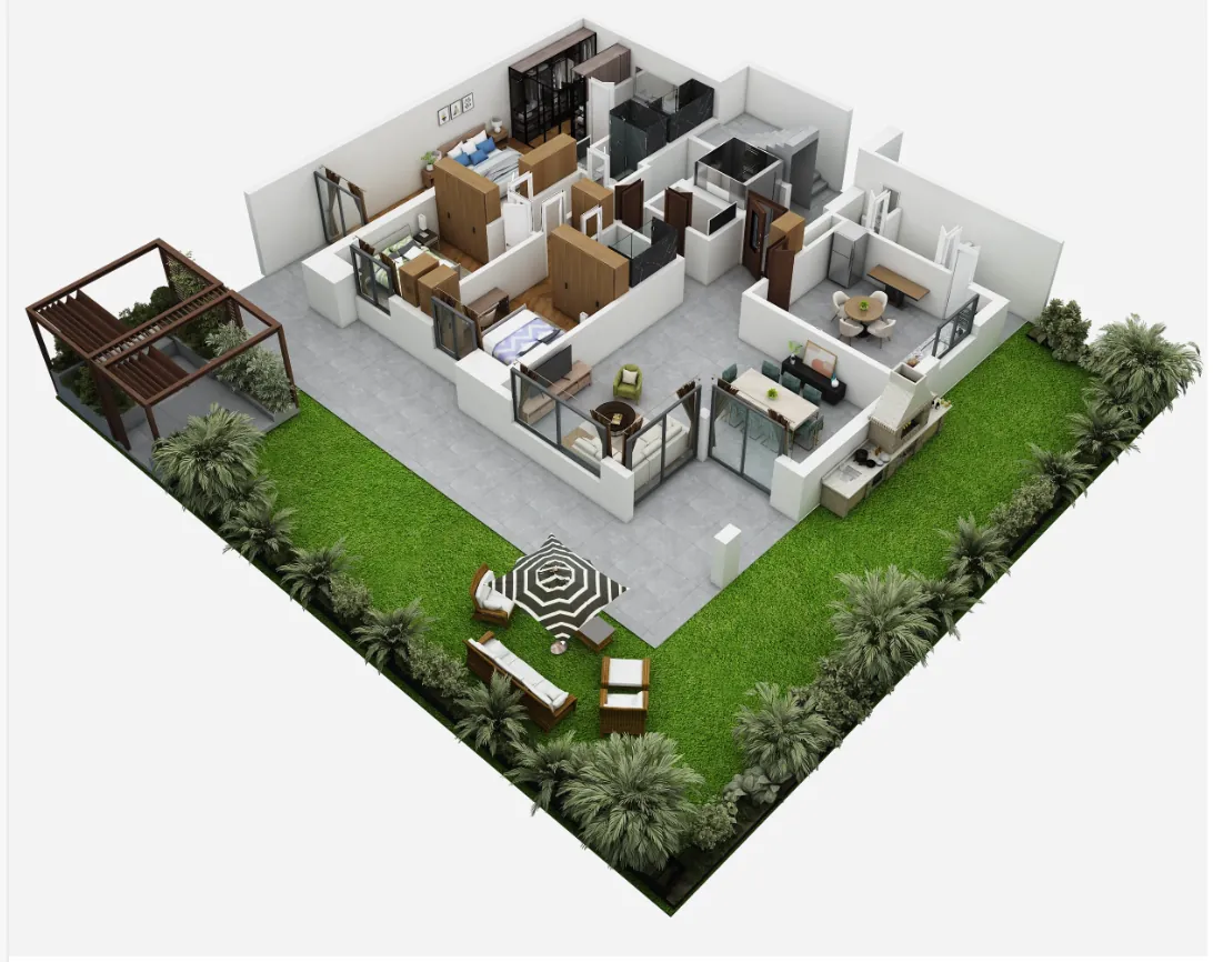 2 BHK 3D floor plan — Chennai house plan by Homeli Architects