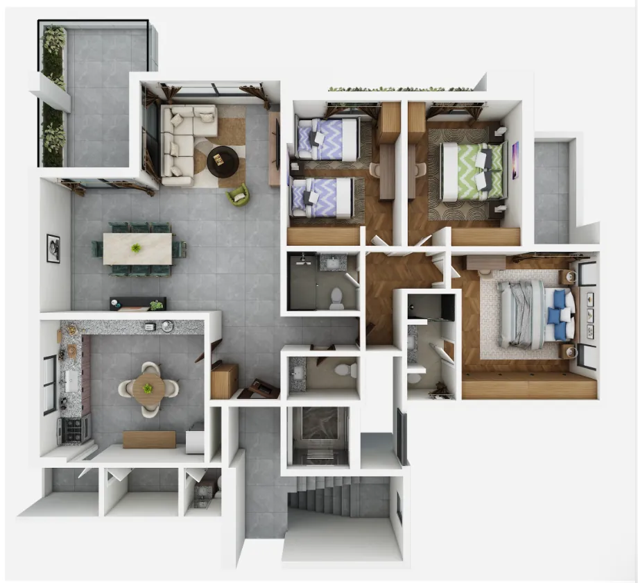 Open-plan 3D view — Chennai house plan by Homeli Architects