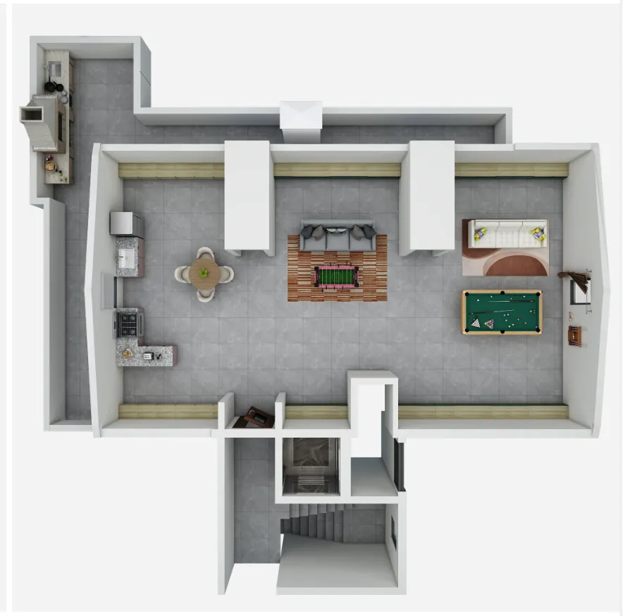 Living + dining 3D — Chennai house plan by Homeli Architects