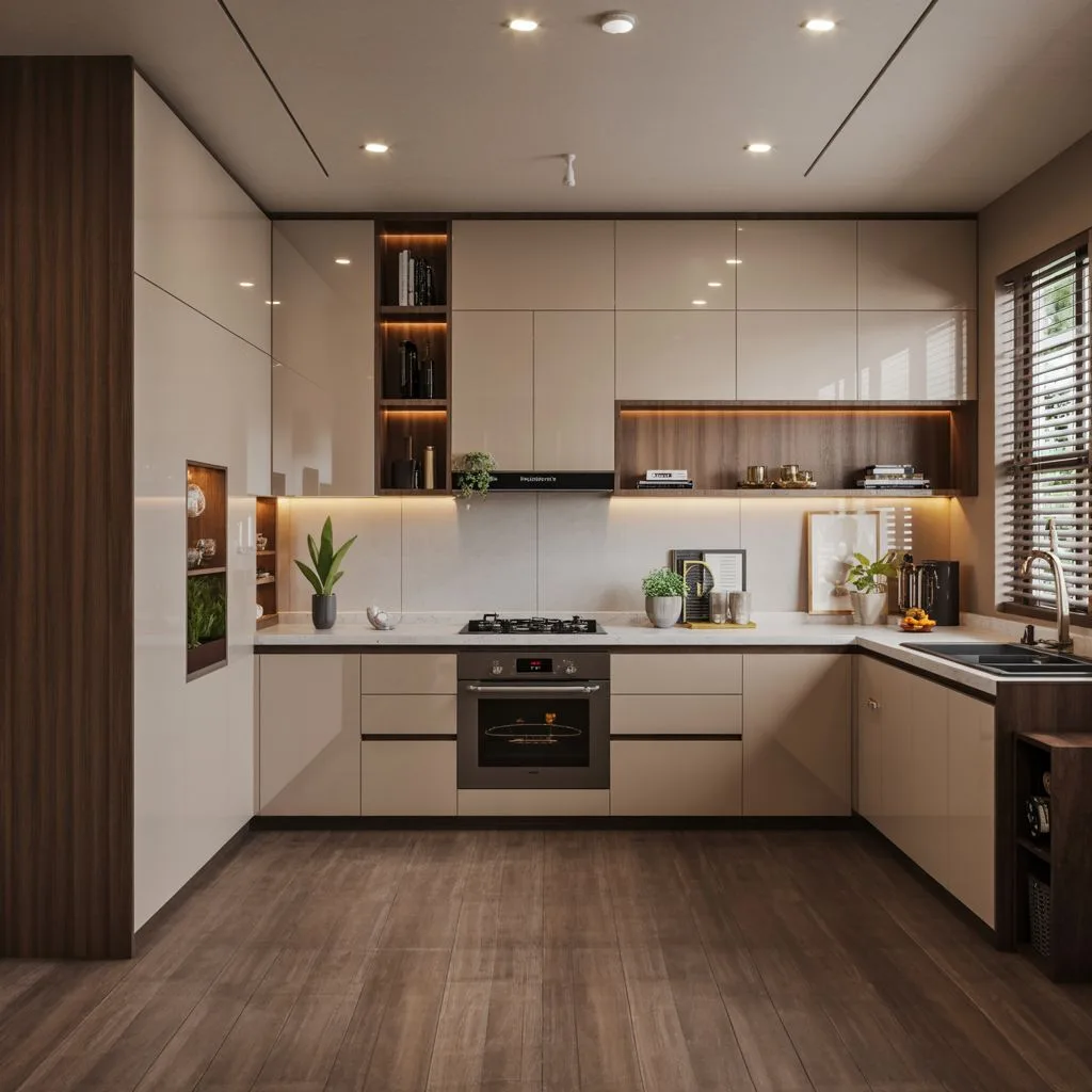 Modular kitchen Chennai — cream L-shaped design