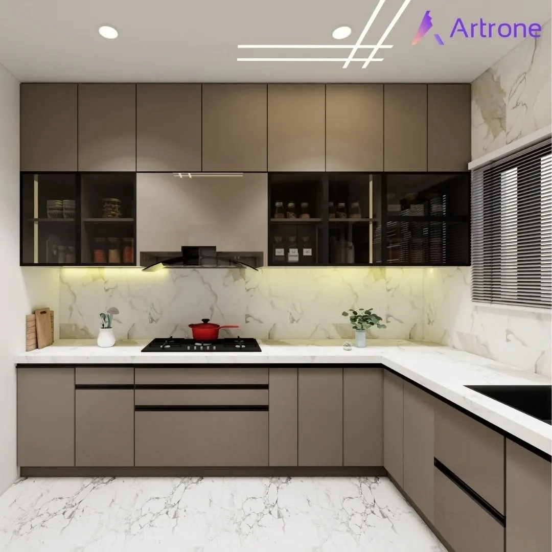 L-shaped modular kitchen dark grey finish Chennai