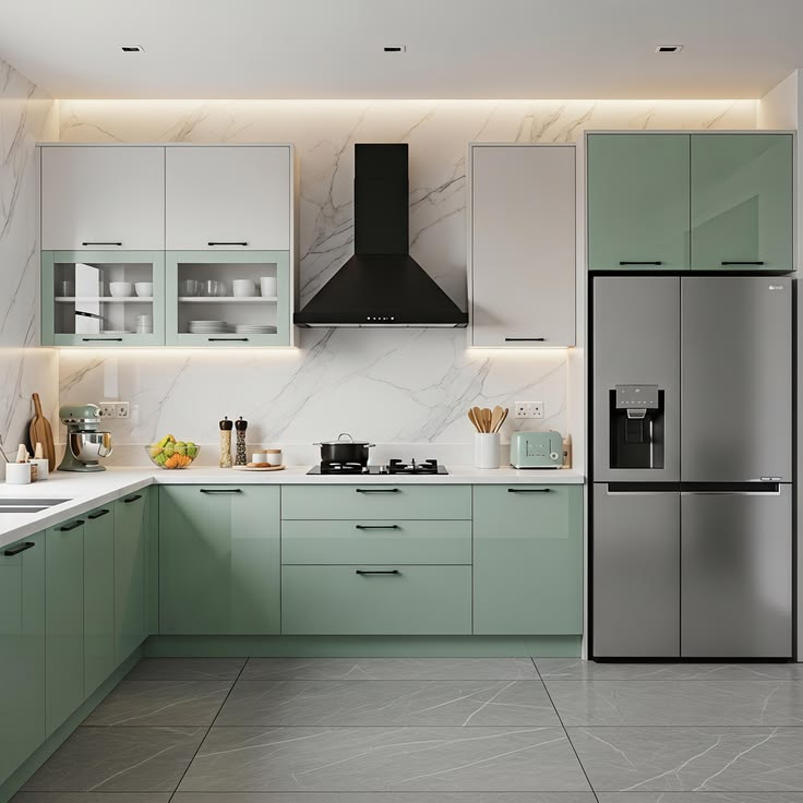 Mint L-Shaped Kitchen with Soft-Close Drawers — interior design idea, Homeli Chennai