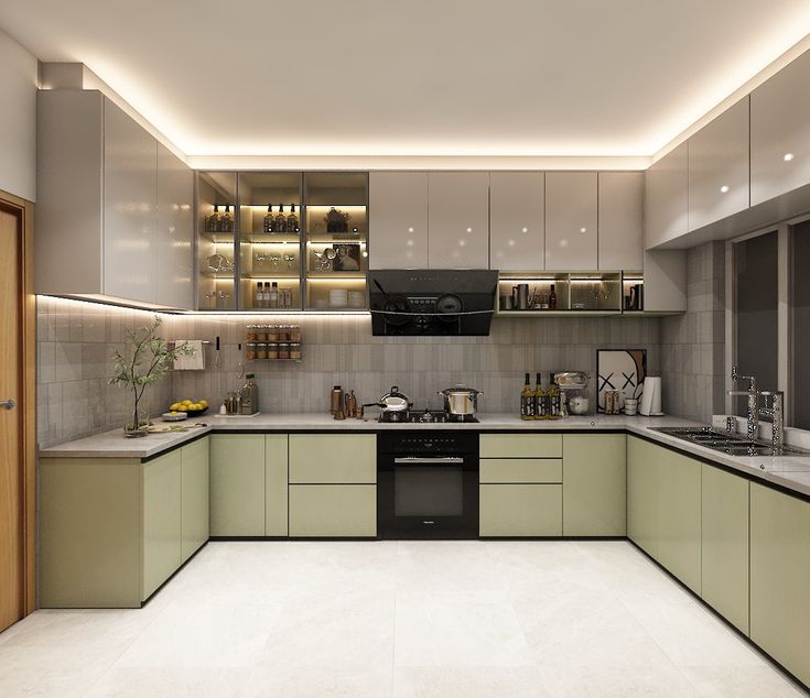 U-Shaped Green-Grey Kitchen with Tandem Storage — interior design idea, Homeli Chennai