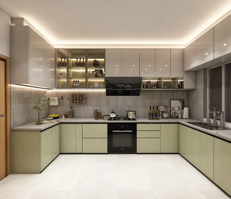 U-shape green grey kitchen
