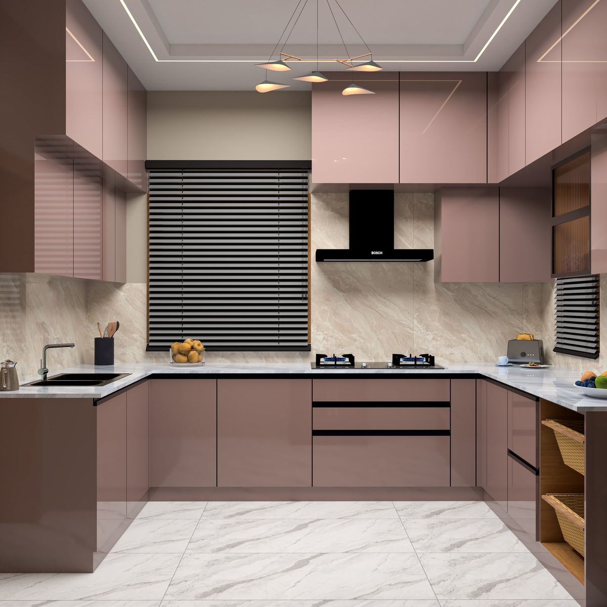 U-Shaped Blush Kitchen with Profile Shutters — interior design idea, Homeli Chennai