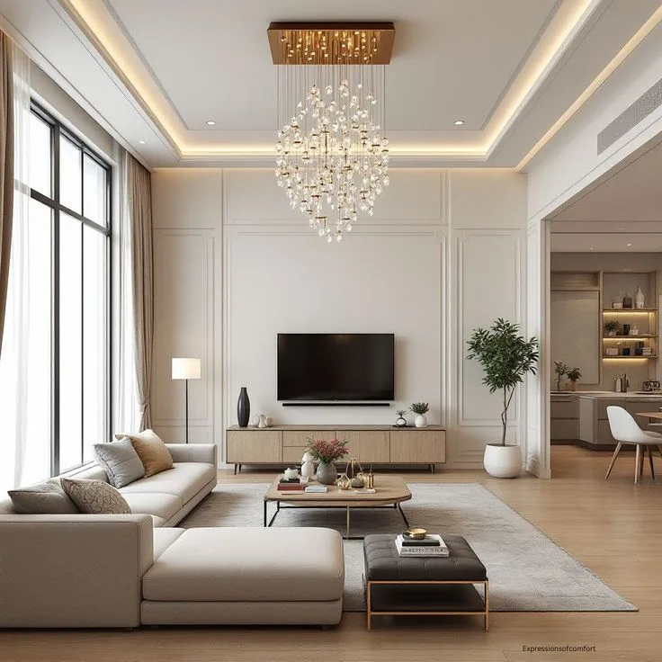 Luxury living room false ceiling with chandelier Chennai