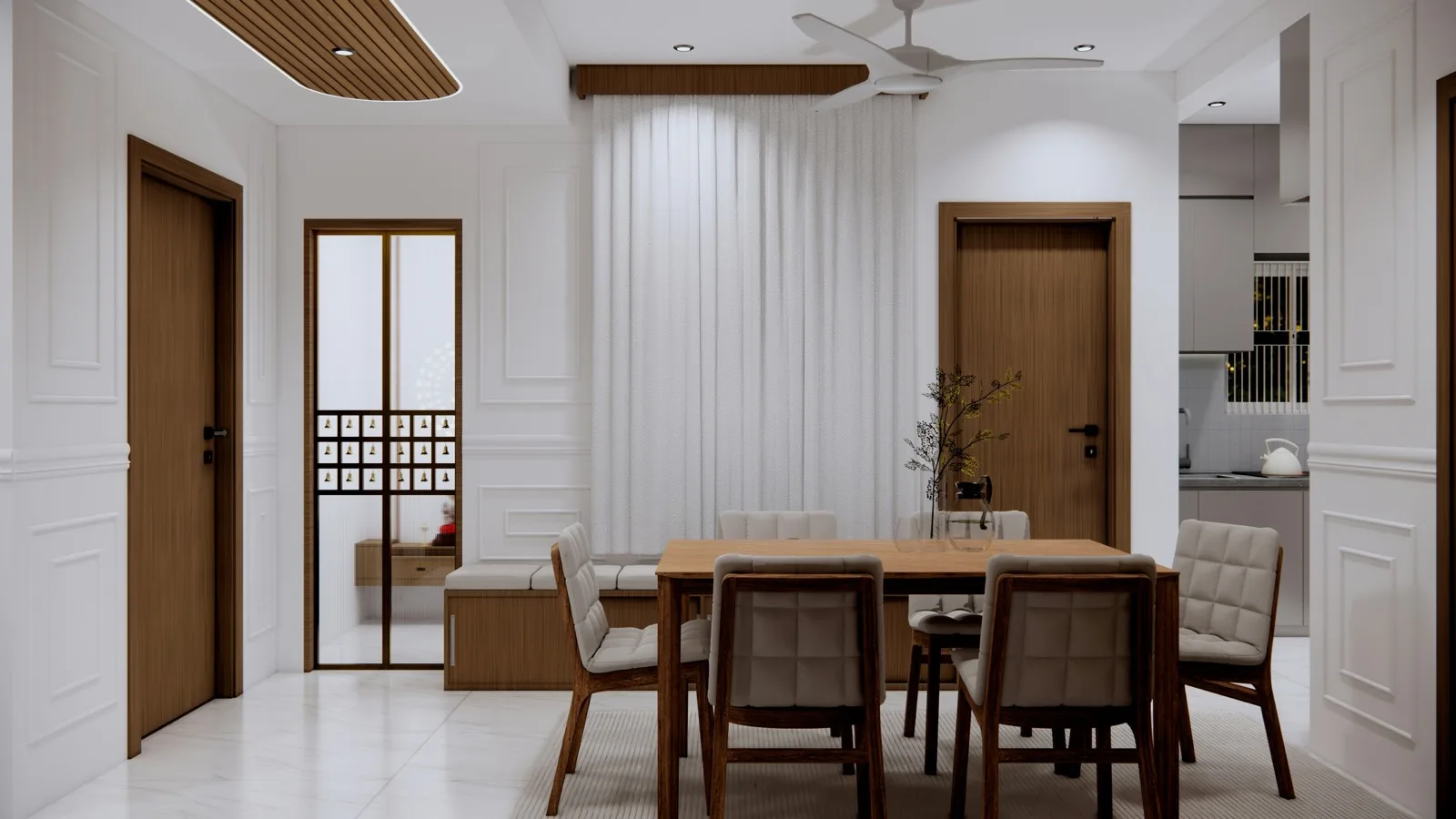 2BHK dining area with white wood furniture in Chennai by Homeli
