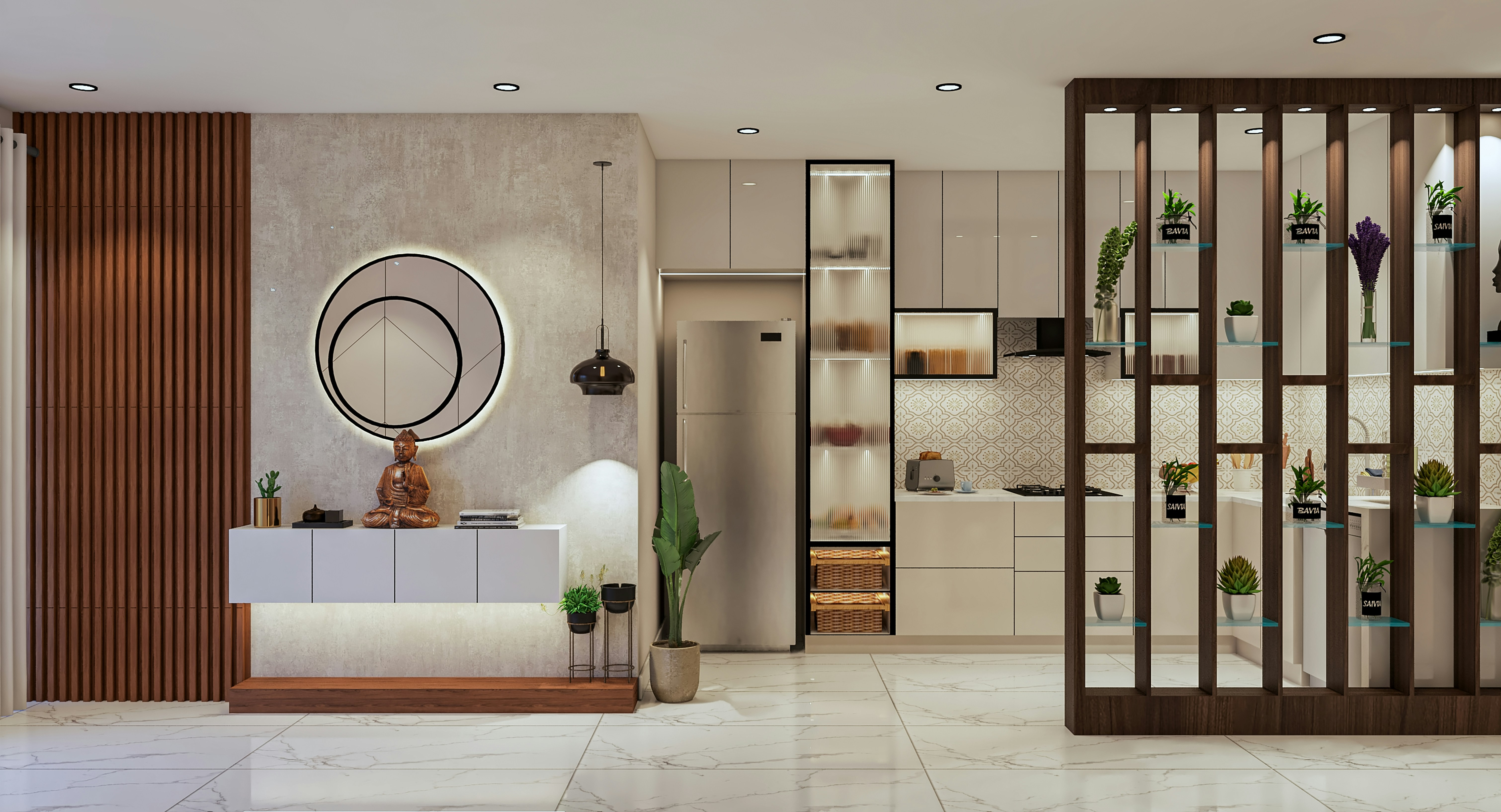 Beautiful Chennai home interior designed by Homeli — living and kitchen open plan