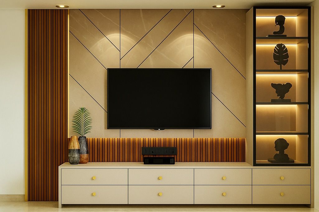 Gold Diamond-Panel TV Unit — interior design idea, Homeli Chennai