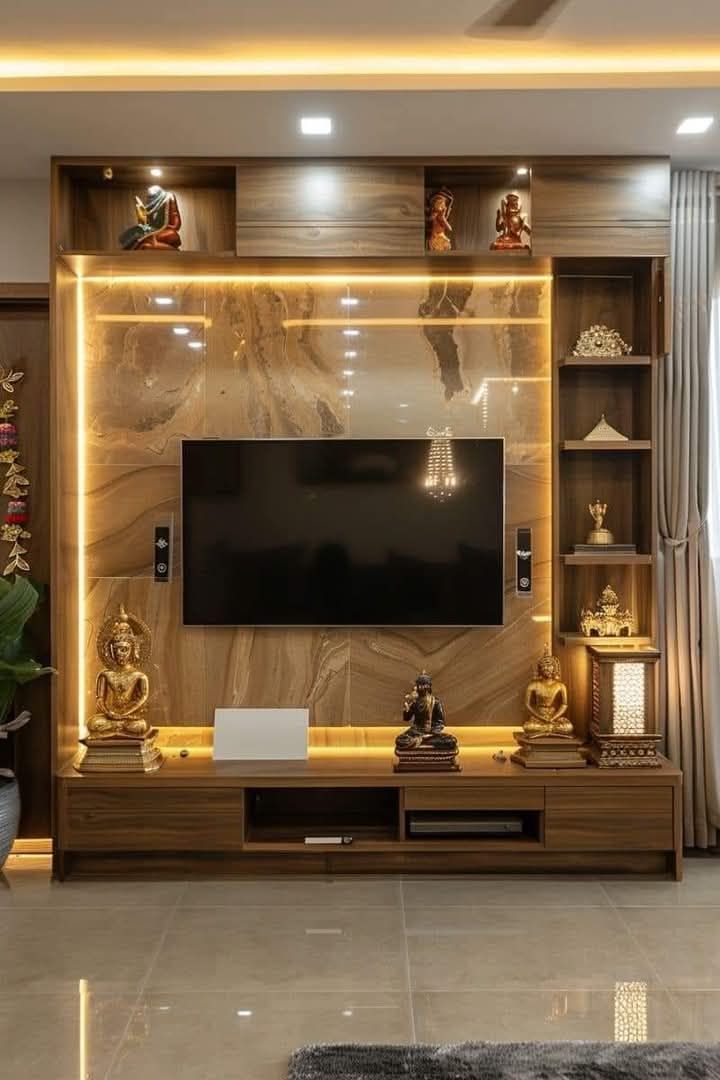 Wood &amp; Gold TV Unit with Display Niches — interior design idea, Homeli Chennai