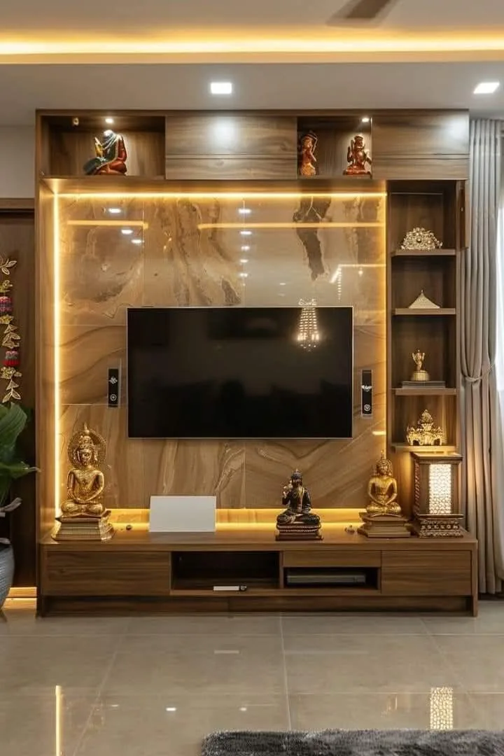 Gold and wood TV unit real project Chennai