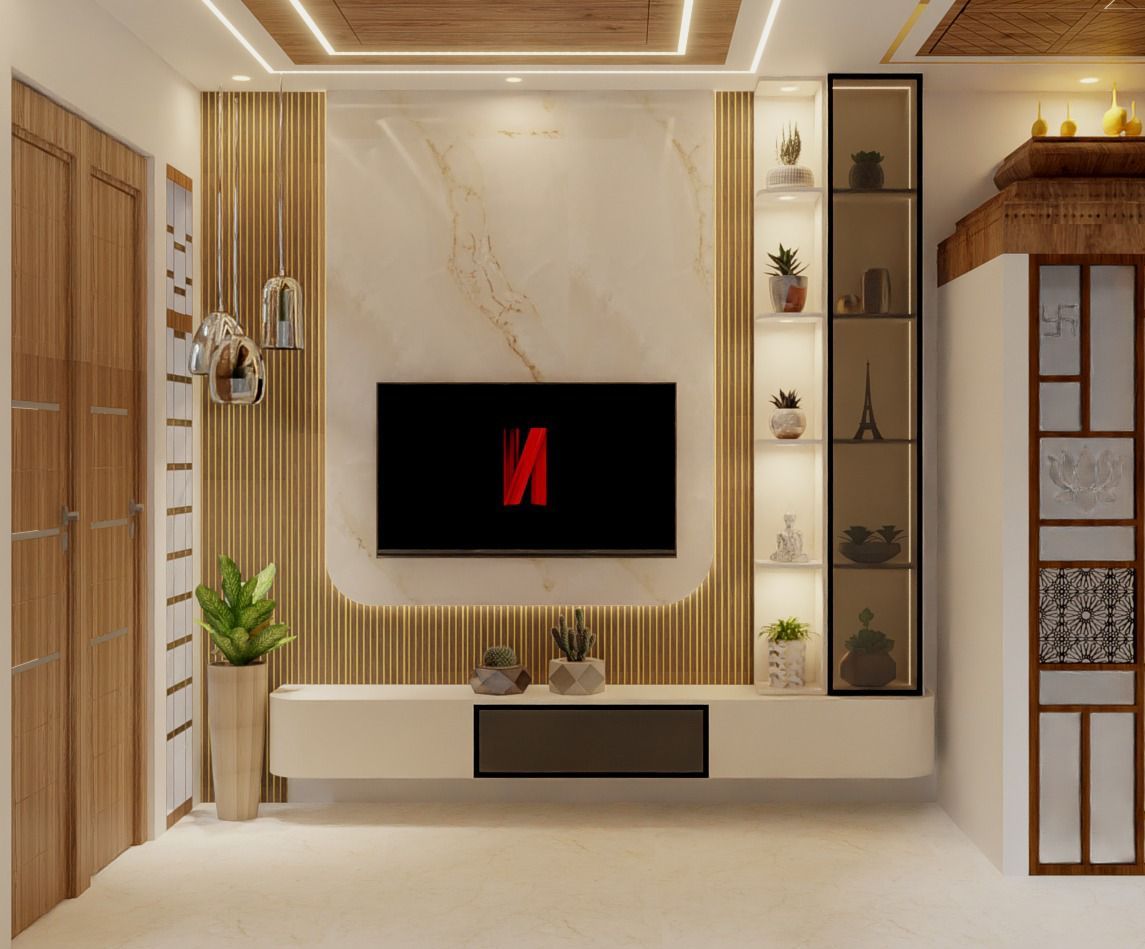 TV Unit with Integrated Marble Pooja Niche — interior design idea, Homeli Chennai