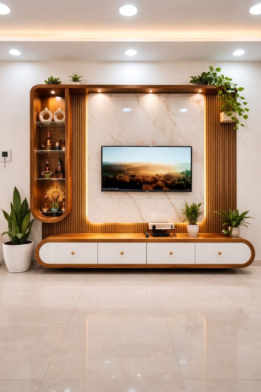Curved TV Wall with Planter Ledge — interior design idea, Homeli Chennai
