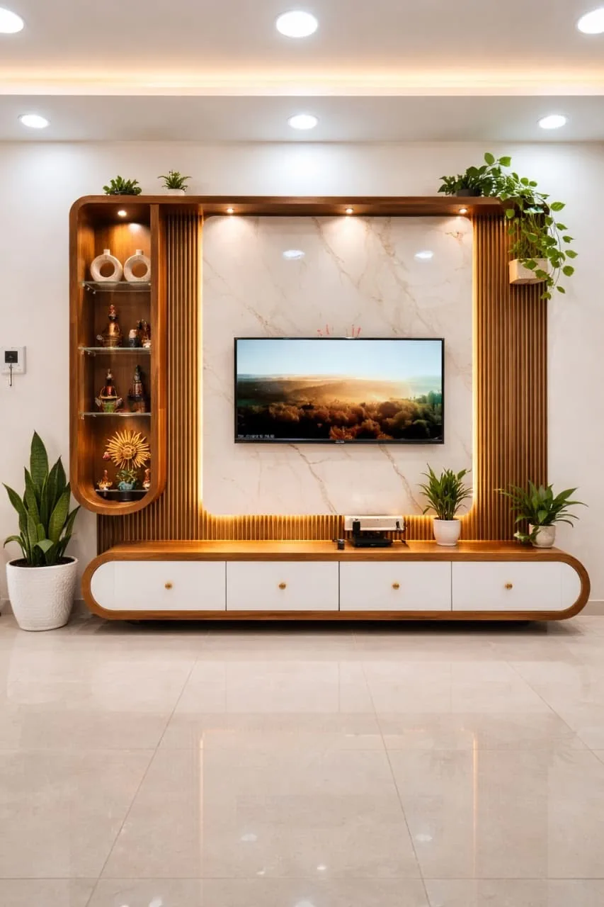 Curved TV unit with plant display in Chennai living room