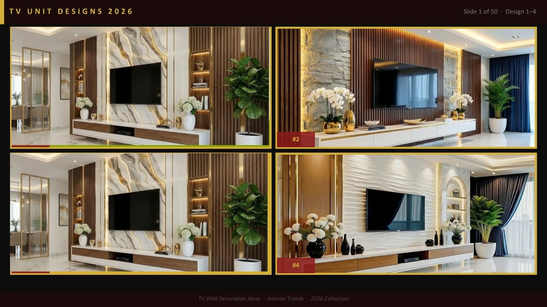 TV unit design slide showing four different designs by Homeli Chennai